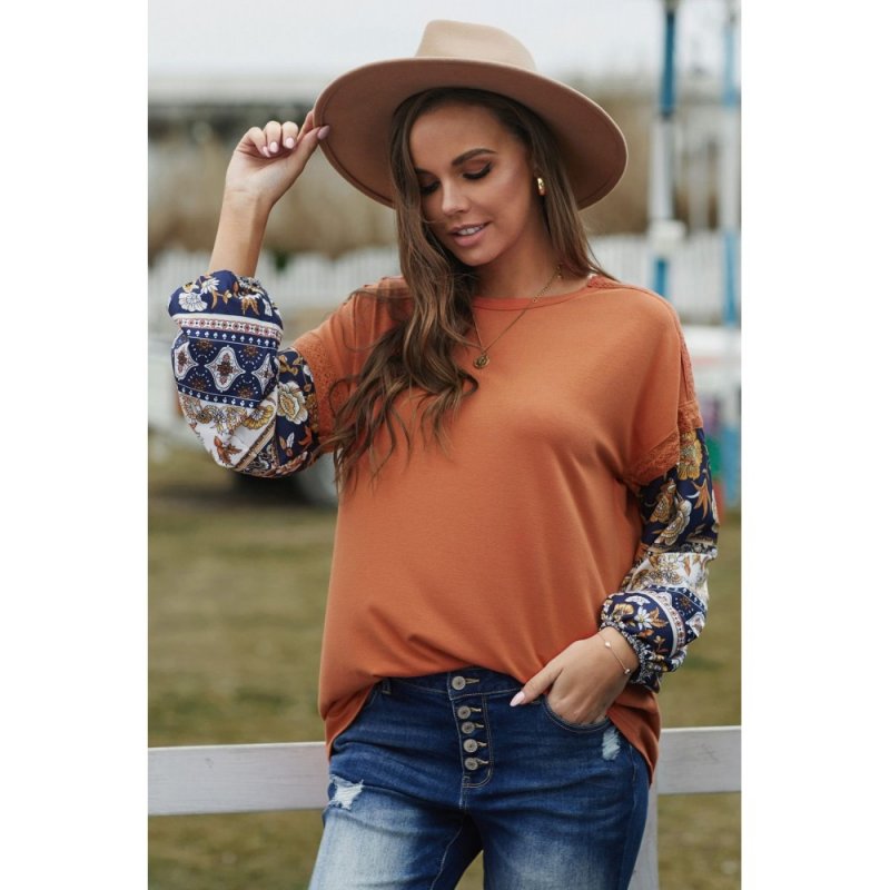 Brown Boho Floral Print Balloon Sleeve Top with Lace Details - from category Long Sleeve Tops (Dsipark.com | Best Online Shopping Website for Discounted Deals)