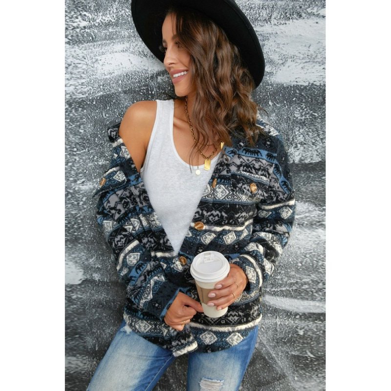 Blue Tribal Print Pocket Buttoned Sherpa Jacket - from category Jackets & Coats (Dsipark.com | Best Online Shopping Website for Discounted Deals)