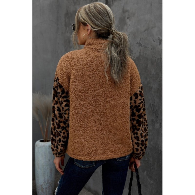 Brown Leopard Raglan Sleeve Zipped Sherpa Coat - from category Jackets & Coats (Dsipark.com | Best Online Shopping Website for Discounted Deals)