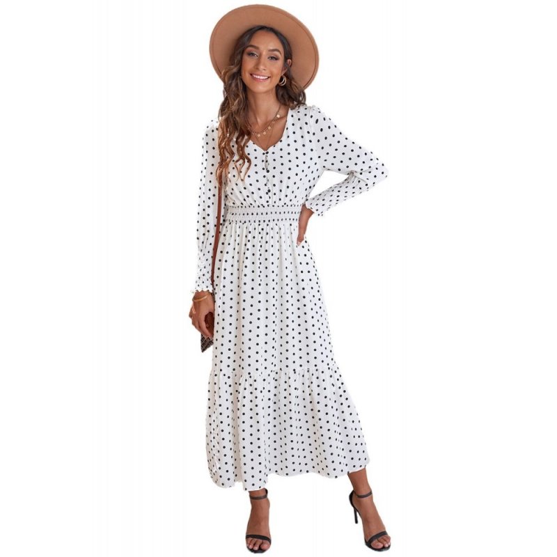White V Neck Lantern Sleeve Elastic Waist Polka Dot Dress - from category Maxi Dresses (Dsipark.com | Best Online Shopping Website for Discounted Deals)