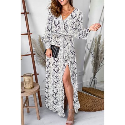 Gray Sexy V Neck Cuffed Sleeve Snakeskin Maxi Dress - from category Maxi Dresses (Dsipark.com | Best Online Shopping Website for Discounted Deals)