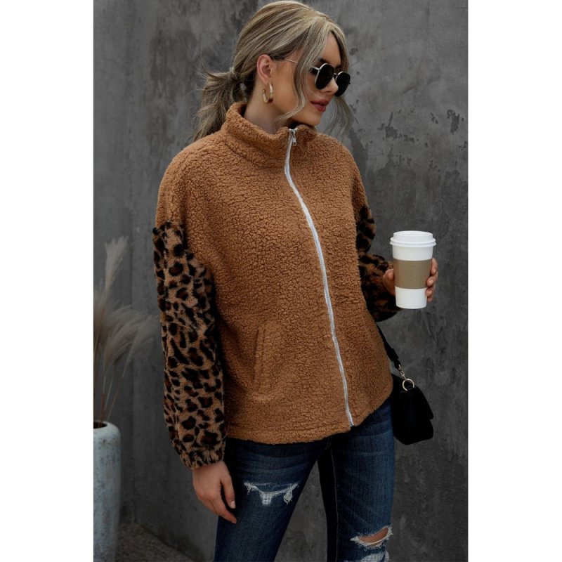 Brown Leopard Raglan Sleeve Zipped Sherpa Coat - from category Jackets & Coats (Dsipark.com | Best Online Shopping Website for Discounted Deals)