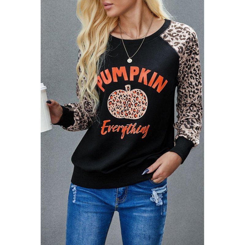 Halloween Leopard Pumpkin Print Long Sleeve Crew Neck Top - from category Long Sleeve Tops (Dsipark.com | Best Online Shopping Website for Discounted Deals)