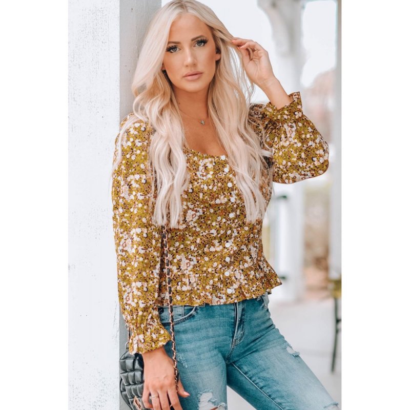 Yellow Square Neck Smocked Floral Top - from category Long Sleeve Tops (Dsipark.com | Best Online Shopping Website for Discounted Deals)