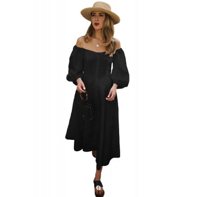 Black Off Shoulder Puff Sleeve Button Front Vintage Dress - from category Maxi Dresses (Dsipark.com | Best Online Shopping Website for Discounted Deals)