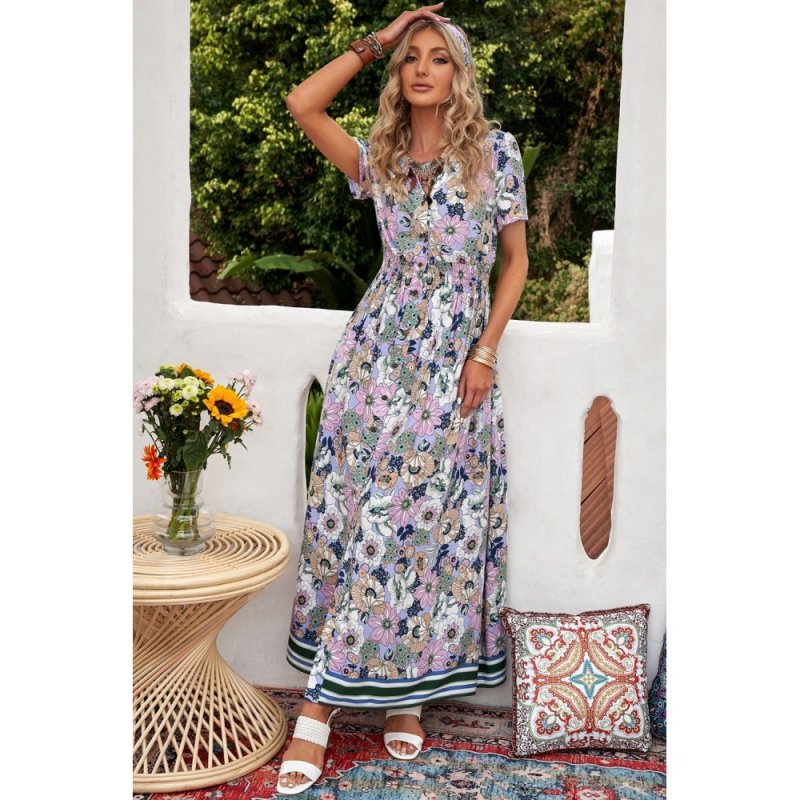 Purple Buttons Closure Floral Short Sleeves Maxi Dress - from category Maxi Dresses (Dsipark.com | Best Online Shopping Website for Discounted Deals)