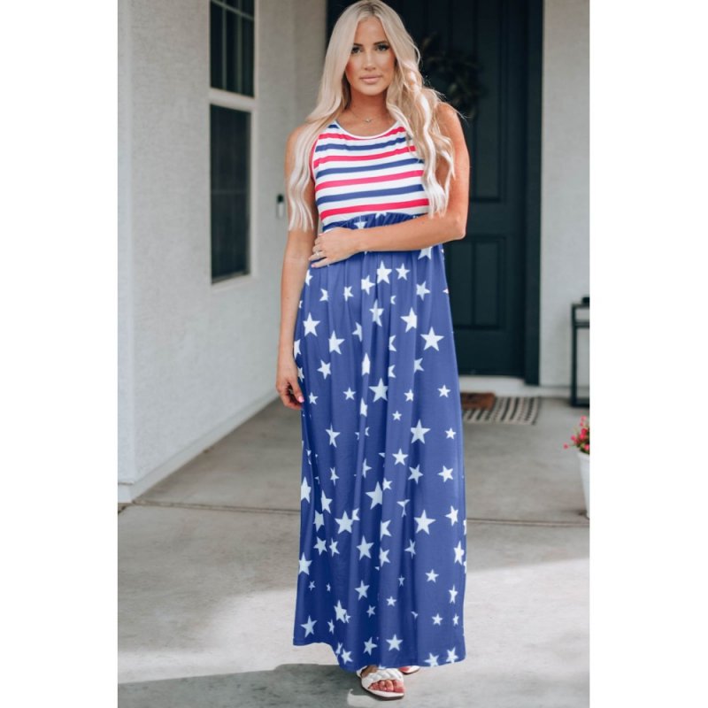Blue Stripes and Stars Sleeveless Maxi Dress with Pockets - from category Maxi Dresses (Dsipark.com | Best Online Shopping Website for Discounted Deals)