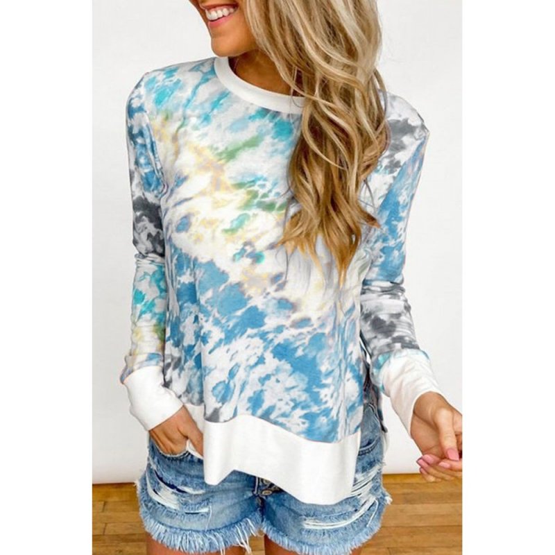 Blue High Low Hem Tie-dye Print Top with Slits - from category Long Sleeve Tops (Dsipark.com | Best Online Shopping Website for Discounted Deals)