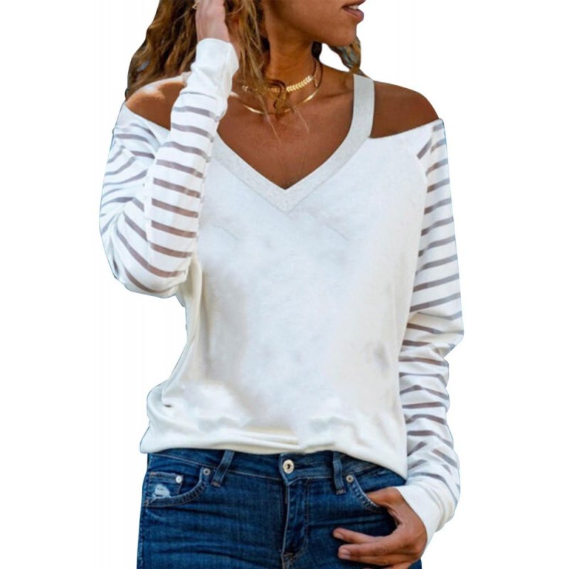 Mesh Striped Cut-out Cold Shoulder Long Sleeve T-shirt - from category Long Sleeve Tops (Dsipark.com | Best Online Shopping Website for Discounted Deals)