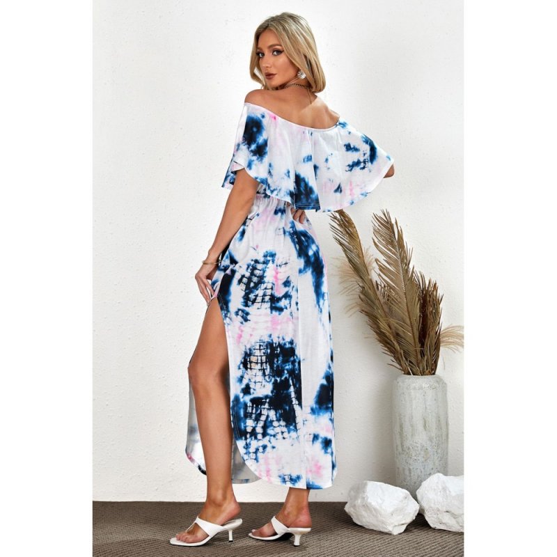Ruffle Off Shoulder Neckline Tie-dye Maxi Dress with Slits - from category Maxi Dresses (Dsipark.com | Best Online Shopping Website for Discounted Deals)