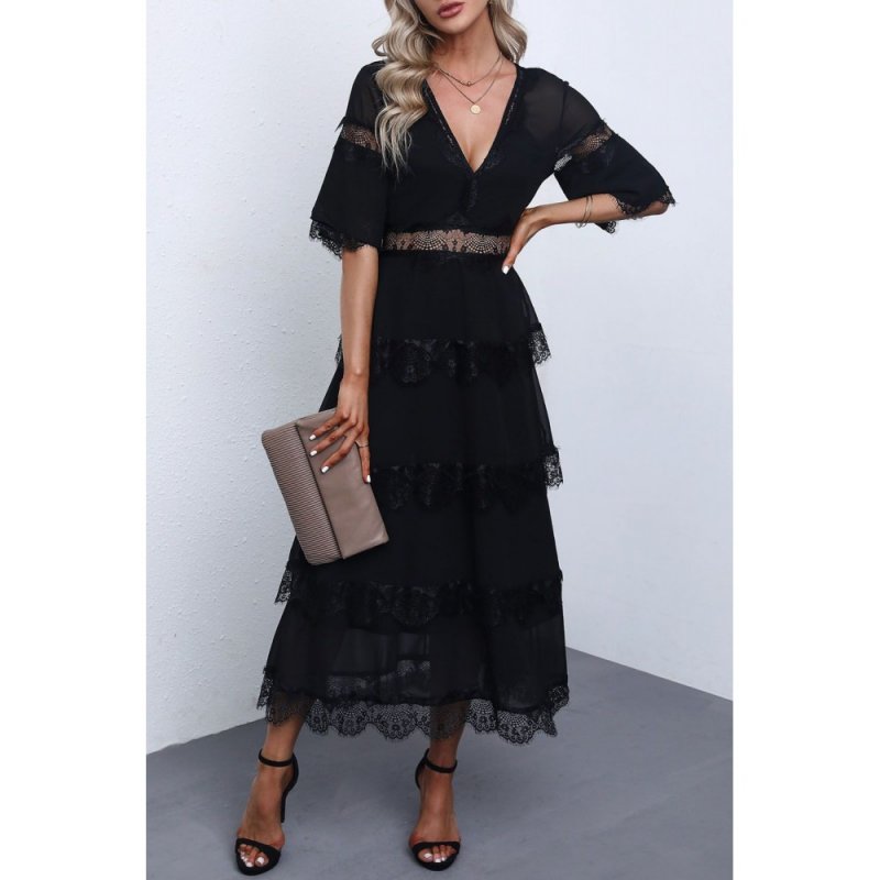 Black Swiss Dot Print See-through Lace Patch Layered Long Dress - from category Midi Dresses (Dsipark.com | Best Online Shopping Website for Discounted Deals)
