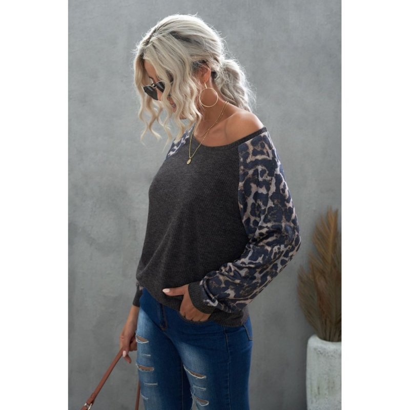 Gray Leopard Patch Ribbed Loose Long Sleeve Blouse - from category Long Sleeve Tops (Dsipark.com | Best Online Shopping Website for Discounted Deals)