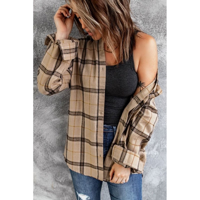 Brown Button-up Long Sleeve Plaid Shacket - from category Jackets & Coats (Dsipark.com | Best Online Shopping Website for Discounted Deals)