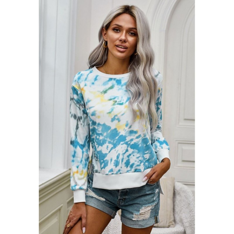 Blue High Low Hem Tie-dye Print Top with Slits - from category Long Sleeve Tops (Dsipark.com | Best Online Shopping Website for Discounted Deals)
