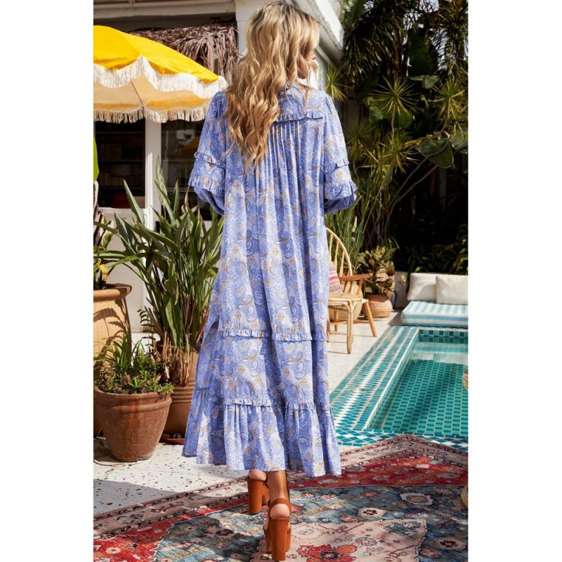 Purple Ruffled Bubble Sleeves Kaftan Paisley Maxi Dress - from category Maxi Dresses (Dsipark.com | Best Online Shopping Website for Discounted Deals)