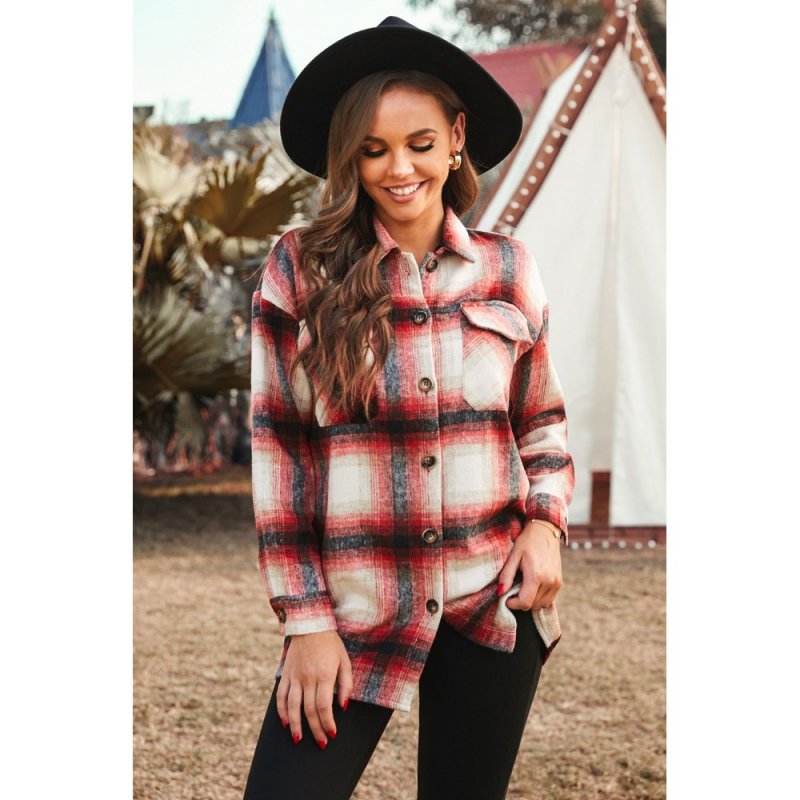 Red Turn down Neck Plaid Pocket Button Closure Coat - from category Jackets & Coats (Dsipark.com | Best Online Shopping Website for Discounted Deals)
