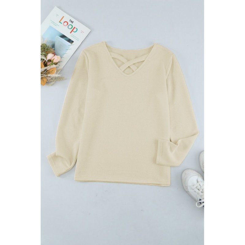Beige Crisscross Neck Ribbed Knit Top - from category Long Sleeve Tops (Dsipark.com | Best Online Shopping Website for Discounted Deals)