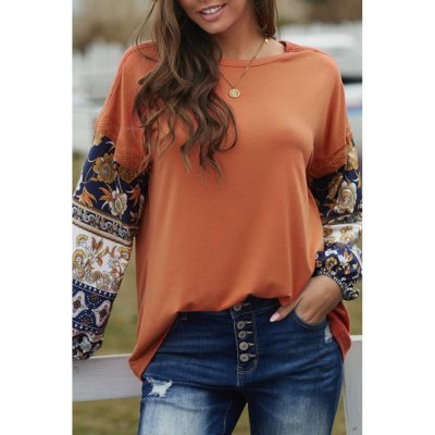 Brown Boho Floral Print Balloon Sleeve Top with Lace Details - from category Long Sleeve Tops (Dsipark.com | Best Online Shopping Website for Discounted Deals)