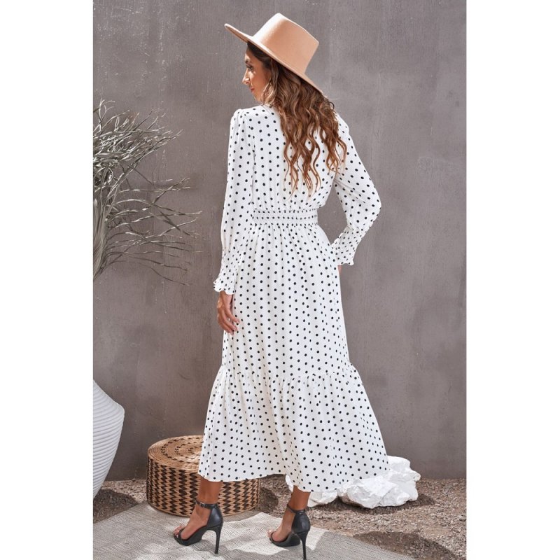 White V Neck Lantern Sleeve Elastic Waist Polka Dot Dress - from category Maxi Dresses (Dsipark.com | Best Online Shopping Website for Discounted Deals)