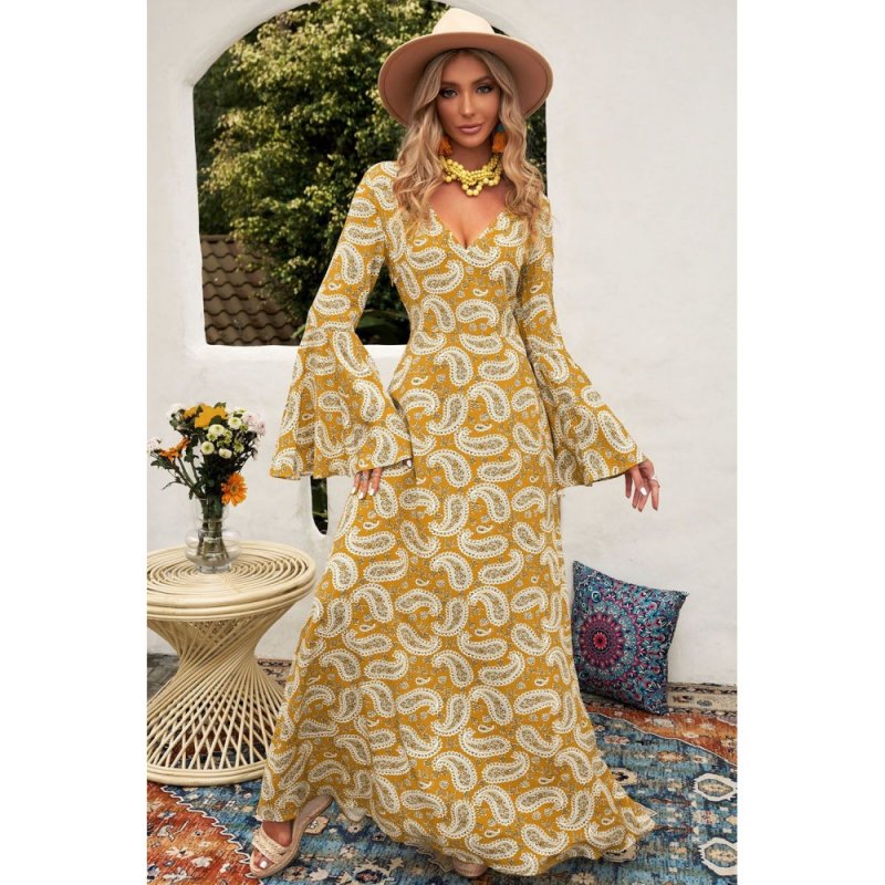 Yellow Bohemian V Neck Bell Sleeves Paisley Print Maxi Dress - from category Maxi Dresses (Dsipark.com | Best Online Shopping Website for Discounted Deals)