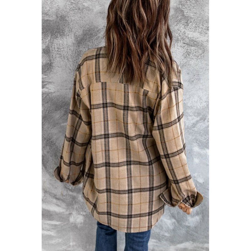 Brown Button-up Long Sleeve Plaid Shacket - from category Jackets & Coats (Dsipark.com | Best Online Shopping Website for Discounted Deals)