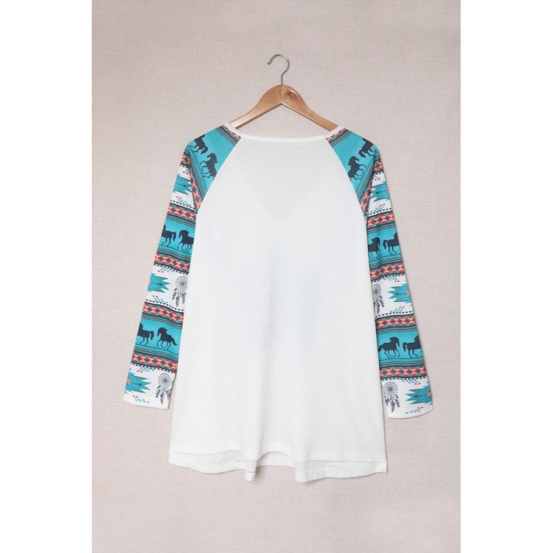 Western Aztec Geometric Feather Horse Blouse - from category Long Sleeve Tops (Dsipark.com | Best Online Shopping Website for Discounted Deals)