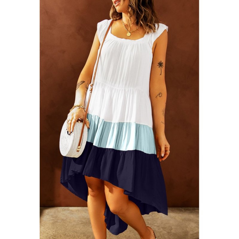 Blue High Low Tiered Colorblock Square Collar Midi Dress - from category Midi Dresses (Dsipark.com | Best Online Shopping Website for Discounted Deals)