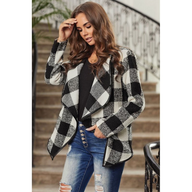 Black?Plaid Long Sleeve Asymmetric Collar Open Front Coat - from category Jackets & Coats (Dsipark.com | Best Online Shopping Website for Discounted Deals)