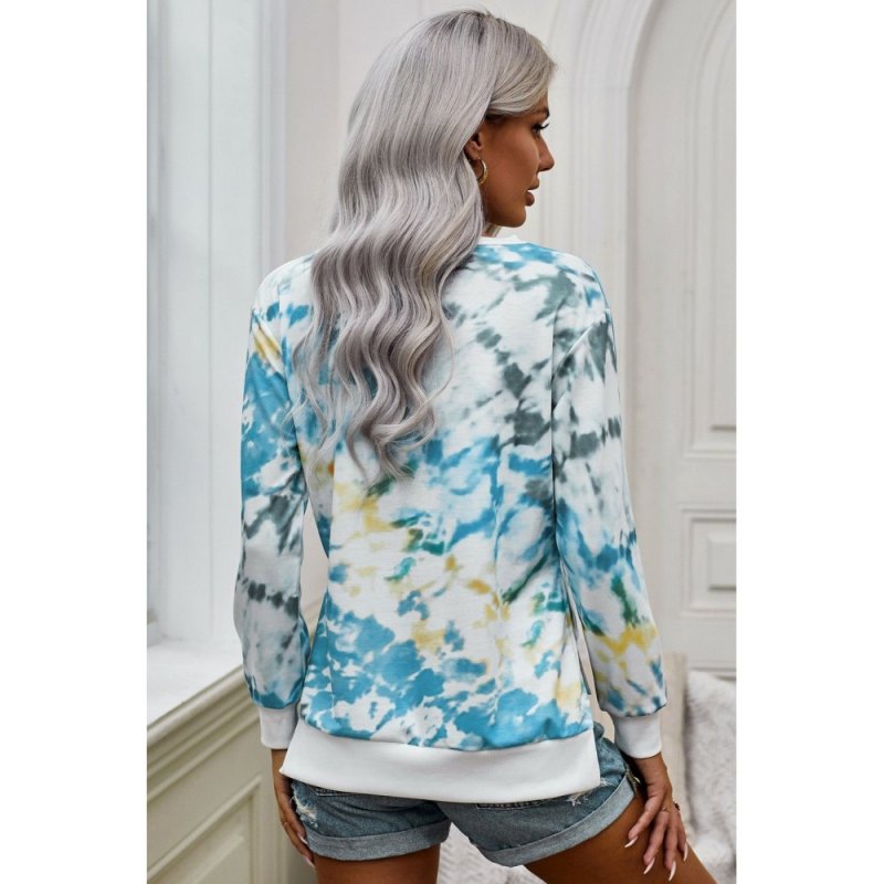 Blue High Low Hem Tie-dye Print Top with Slits - from category Long Sleeve Tops (Dsipark.com | Best Online Shopping Website for Discounted Deals)