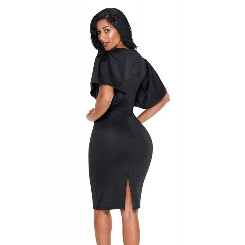 Black Flutter Sleeve Back Slit Sheath Dress - from category Midi Dresses (Dsipark.com | Best Online Shopping Website for Discounted Deals)