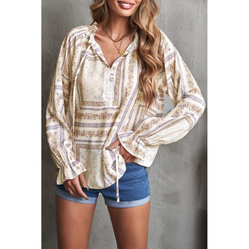 Beige V Neck Lantern Sleeve Drawstring Tribal Print Top - from category Long Sleeve Tops (Dsipark.com | Best Online Shopping Website for Discounted Deals)