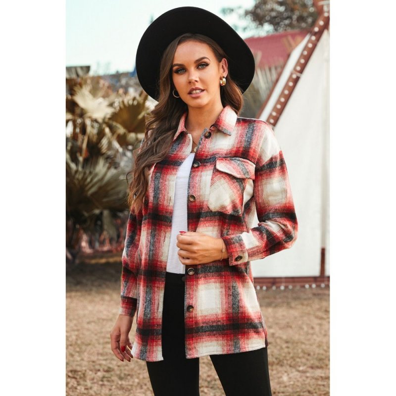 Red Turn down Neck Plaid Pocket Button Closure Coat - from category Jackets & Coats (Dsipark.com | Best Online Shopping Website for Discounted Deals)