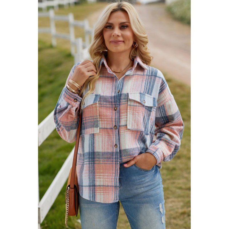 Pink Plaid Flap Pockets Shacket - from category Jackets & Coats (Dsipark.com | Best Online Shopping Website for Discounted Deals)