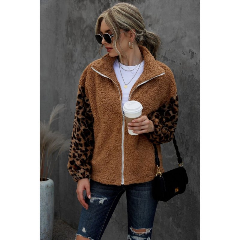 Brown Leopard Raglan Sleeve Zipped Sherpa Coat - from category Jackets & Coats (Dsipark.com | Best Online Shopping Website for Discounted Deals)