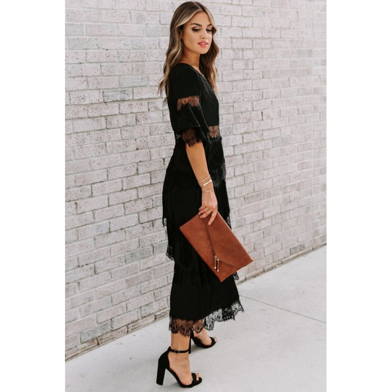 Black Swiss Dot Print See-through Lace Patch Layered Long Dress - from category Midi Dresses (Dsipark.com | Best Online Shopping Website for Discounted Deals)