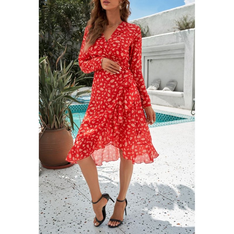 Red Long Sleeve Surplice V Neck Printed Midi Dress with Sash - from category Midi Dresses (Dsipark.com | Best Online Shopping Website for Discounted Deals)