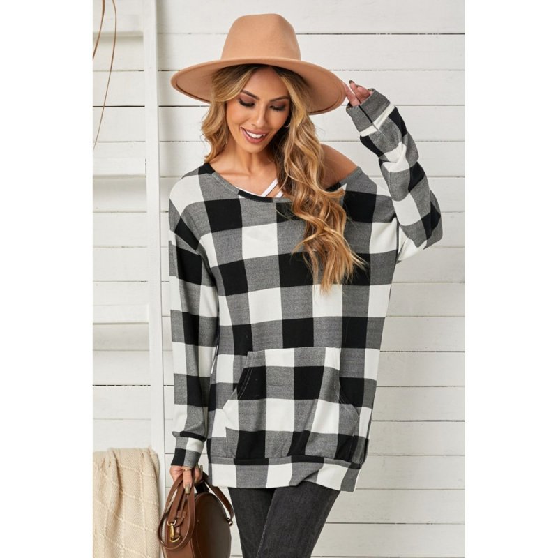 Plaid Kangaroo Pocket Long Sleeve Blouse - from category Long Sleeve Tops (Dsipark.com | Best Online Shopping Website for Discounted Deals)