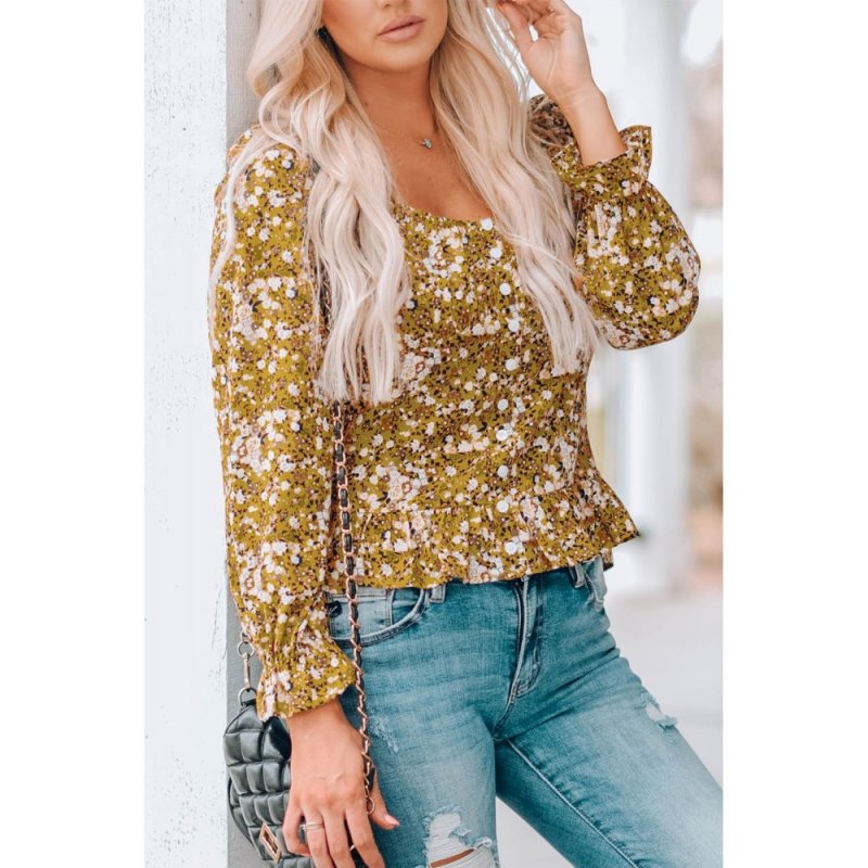Yellow Square Neck Smocked Floral Top - from category Long Sleeve Tops (Dsipark.com | Best Online Shopping Website for Discounted Deals)