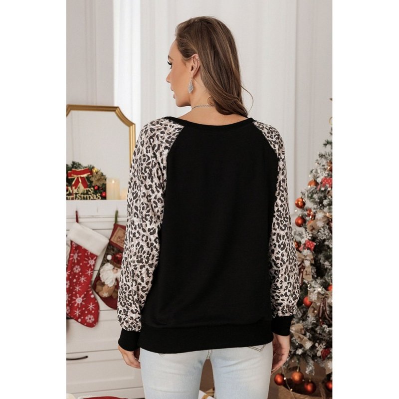 Christmas Letter Print Leopard Long Sleeve Shirt - from category Long Sleeve Tops (Dsipark.com | Best Online Shopping Website for Discounted Deals)