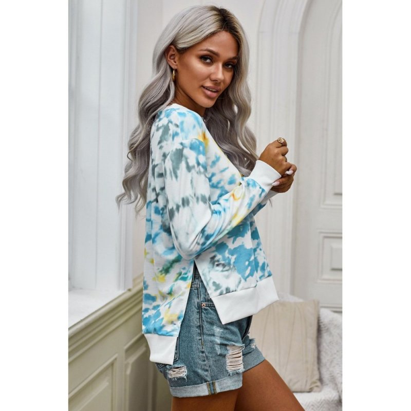 Blue High Low Hem Tie-dye Print Top with Slits - from category Long Sleeve Tops (Dsipark.com | Best Online Shopping Website for Discounted Deals)