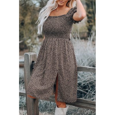 Brown Leopard Square Neck Puff Sleeve Smocking Dress - from category Midi Dresses (Dsipark.com | Best Online Shopping Website for Discounted Deals)