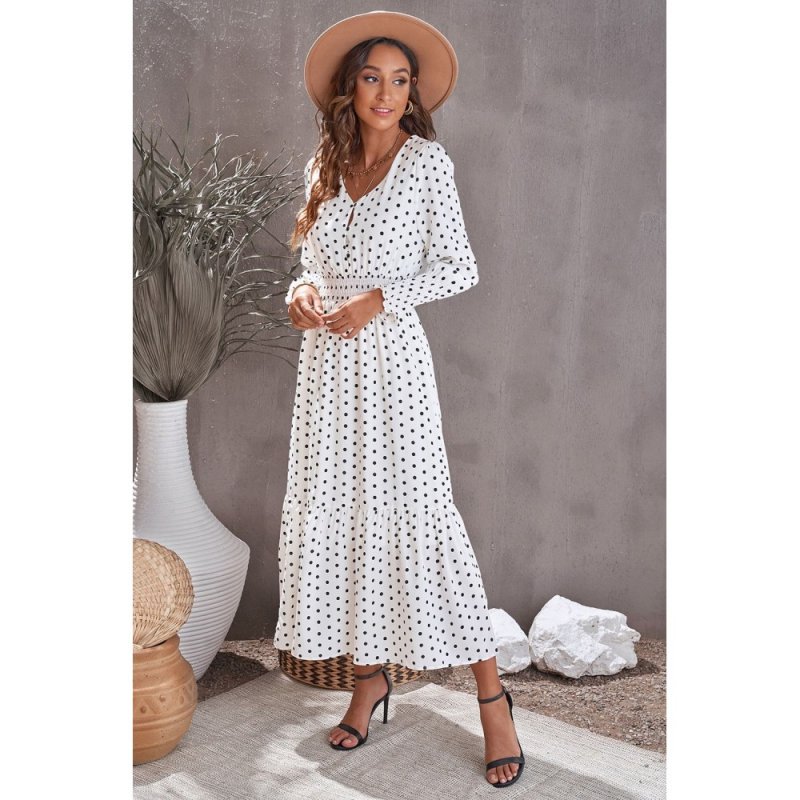 White V Neck Lantern Sleeve Elastic Waist Polka Dot Dress - from category Maxi Dresses (Dsipark.com | Best Online Shopping Website for Discounted Deals)