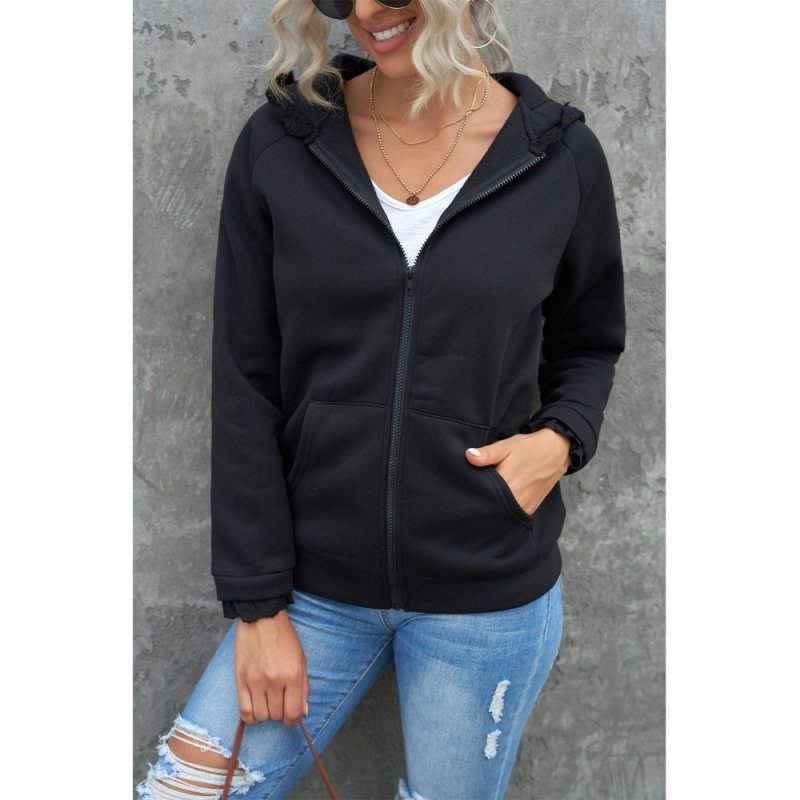 Black Zip-up Lace Trim Hooded Coat - from category Jackets & Coats (Dsipark.com | Best Online Shopping Website for Discounted Deals)