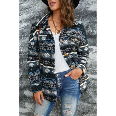 Blue Tribal Print Pocket Buttoned Sherpa Jacket - from category Jackets & Coats (Dsipark.com | Best Online Shopping Website for Discounted Deals)