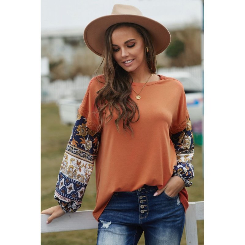 Brown Boho Floral Print Balloon Sleeve Top with Lace Details - from category Long Sleeve Tops (Dsipark.com | Best Online Shopping Website for Discounted Deals)