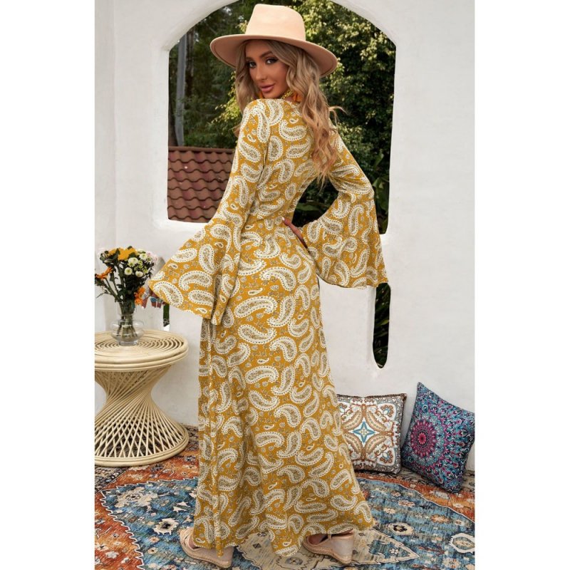Yellow Bohemian V Neck Bell Sleeves Paisley Print Maxi Dress - from category Maxi Dresses (Dsipark.com | Best Online Shopping Website for Discounted Deals)