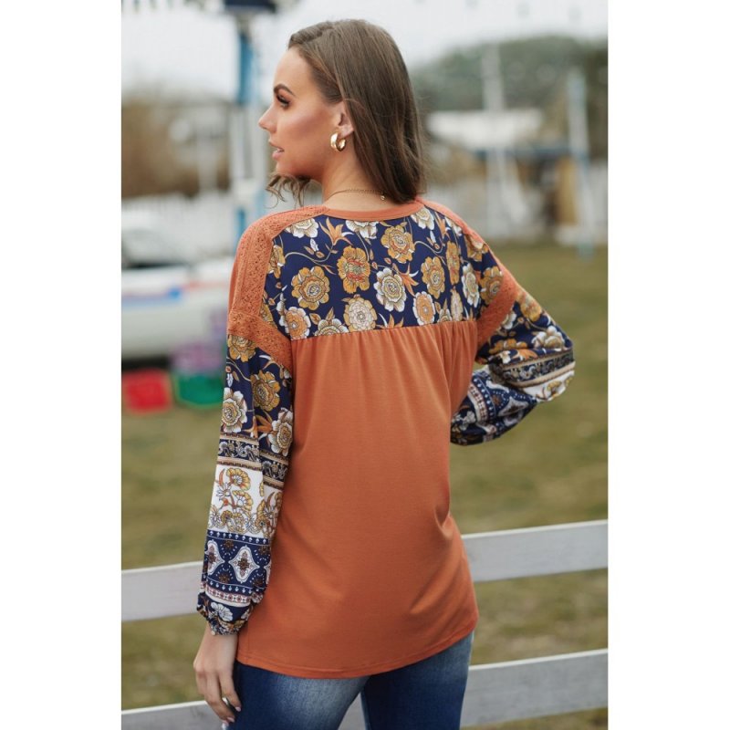 Brown Boho Floral Print Balloon Sleeve Top with Lace Details - from category Long Sleeve Tops (Dsipark.com | Best Online Shopping Website for Discounted Deals)