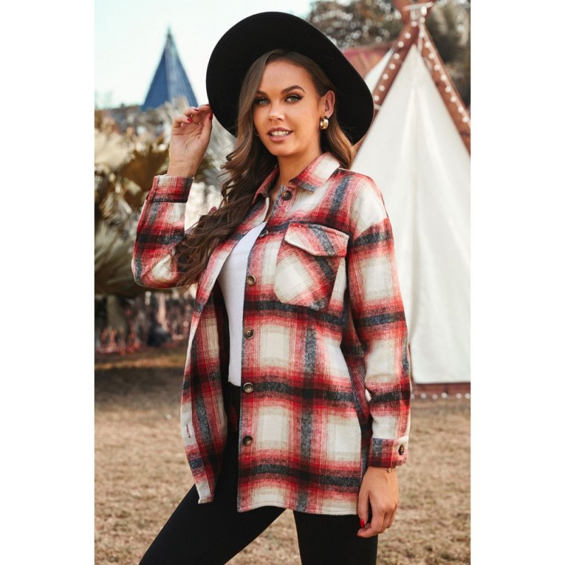 Red Turn down Neck Plaid Pocket Button Closure Coat - from category Jackets & Coats (Dsipark.com | Best Online Shopping Website for Discounted Deals)