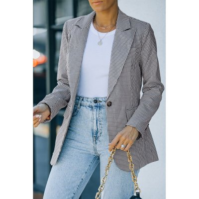 Black Plaid Print Lapel Collar Buttoned Blazer