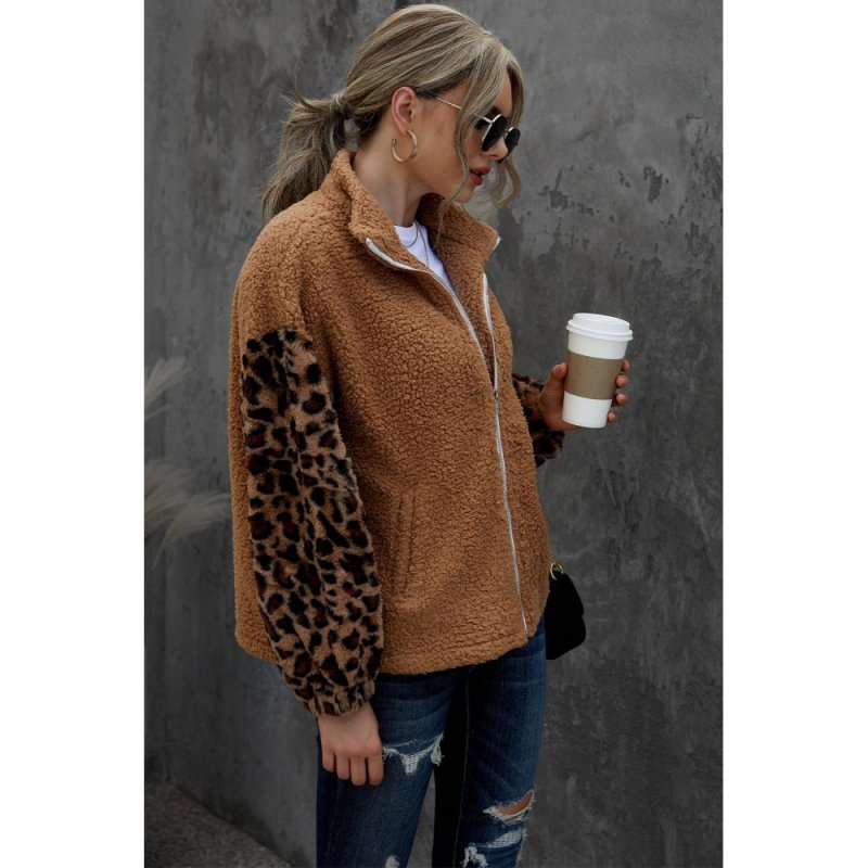 Brown Leopard Raglan Sleeve Zipped Sherpa Coat - from category Jackets & Coats (Dsipark.com | Best Online Shopping Website for Discounted Deals)
